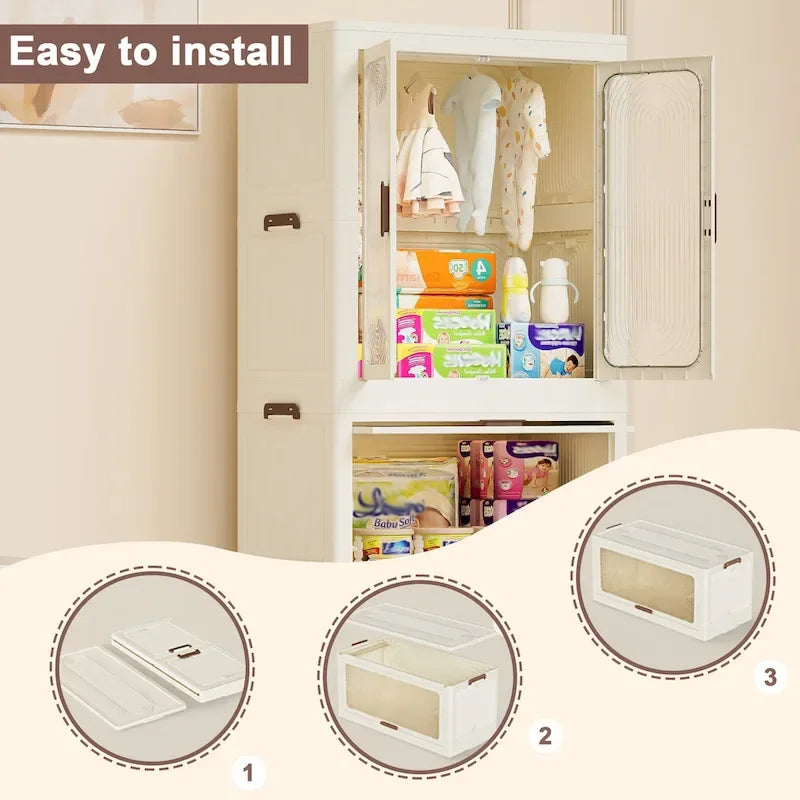 Organisateur de Rangement Portable pour Vêtements, Armoire Penderie, Portes Magnétiques avec 4 Cubes et Tige de Suspension, 10 cintres