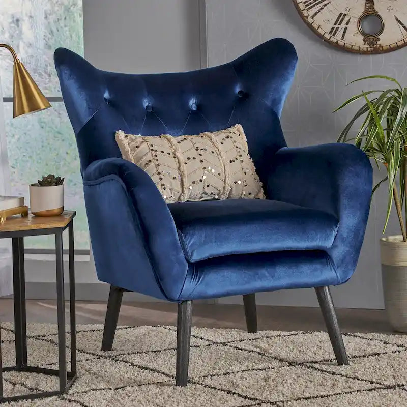 Fauteuil à oreilles en velours bleu marine 34,25 po