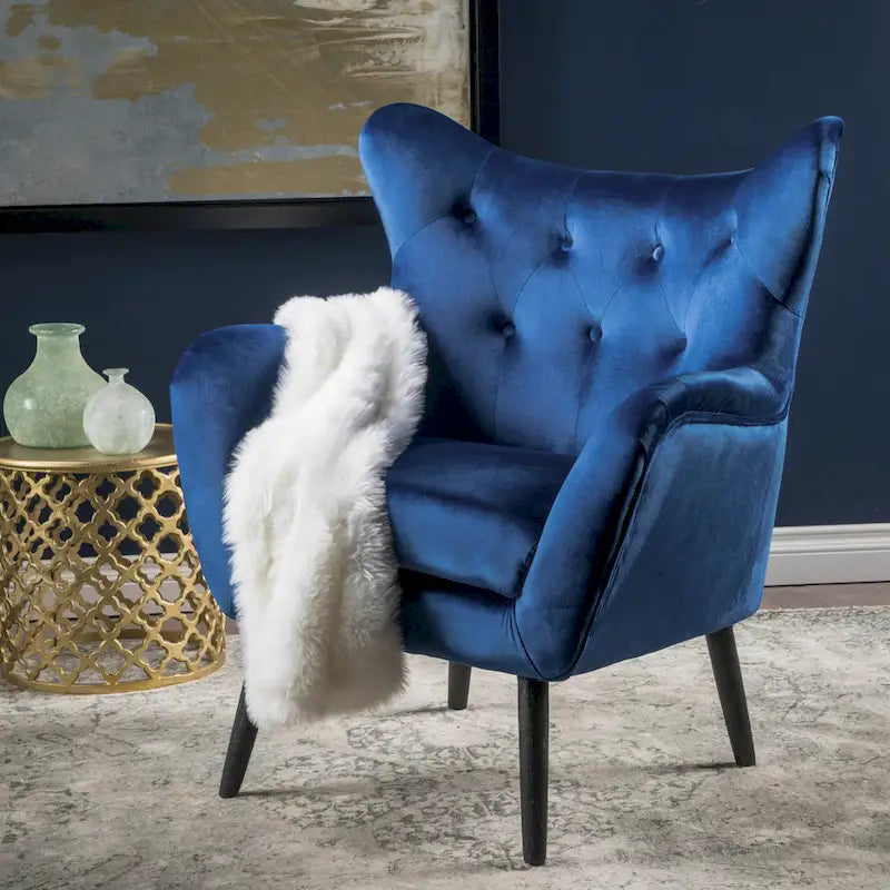 Fauteuil à oreilles en velours bleu marine 34,25 po