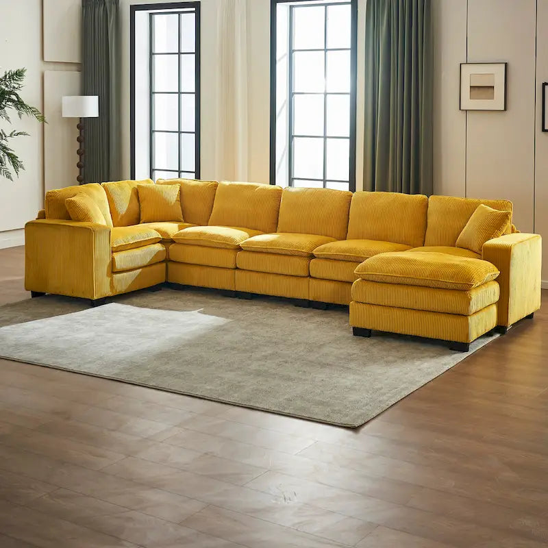 Canapé d'angle de luxe en velours côtelé jaune 118,1 po en forme de U avec 6 places, pouf et 3 coussins décoratifs