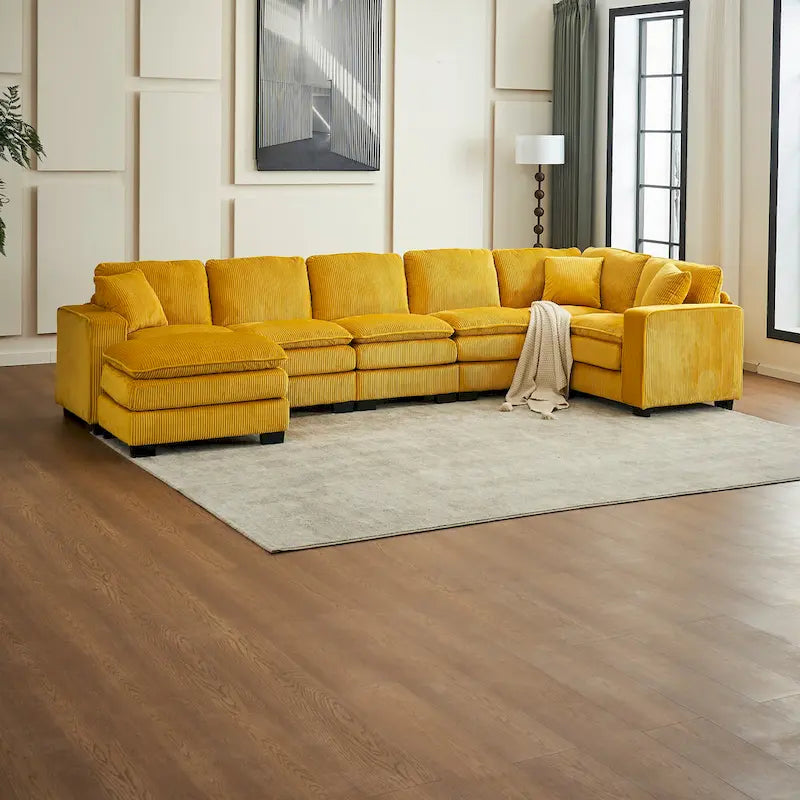 Canapé d'angle de luxe en velours côtelé jaune 118,1 po en forme de U avec 6 places, pouf et 3 coussins décoratifs