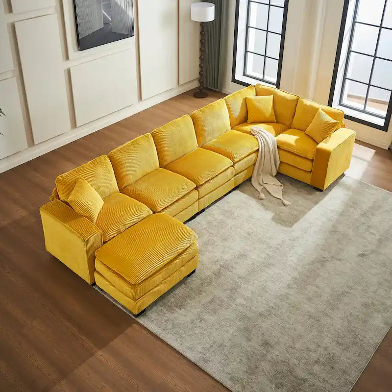 Canapé d'angle de luxe en velours côtelé jaune 118,1 po en forme de U avec 6 places, pouf et 3 coussins décoratifs