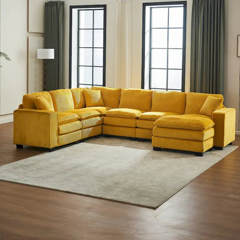 Canapé d'angle de luxe en velours côtelé jaune 118,1 po en forme de U avec 6 places, pouf et 3 coussins décoratifs