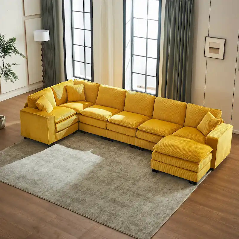 Canapé d'angle de luxe en velours côtelé jaune 118,1 po en forme de U avec 6 places, pouf et 3 coussins décoratifs