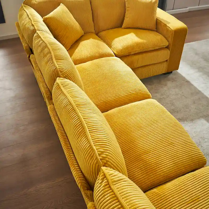 Canapé d'angle de luxe en velours côtelé jaune 118,1 po en forme de U avec 6 places, pouf et 3 coussins décoratifs