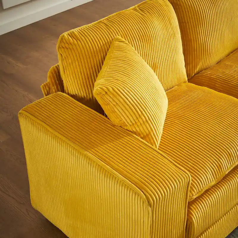 Canapé d'angle de luxe en velours côtelé jaune 118,1 po en forme de U avec 6 places, pouf et 3 coussins décoratifs