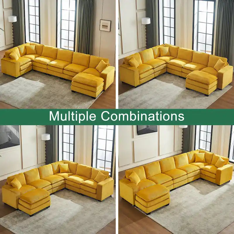 Canapé d'angle de luxe en velours côtelé jaune 118,1 po en forme de U avec 6 places, pouf et 3 coussins décoratifs