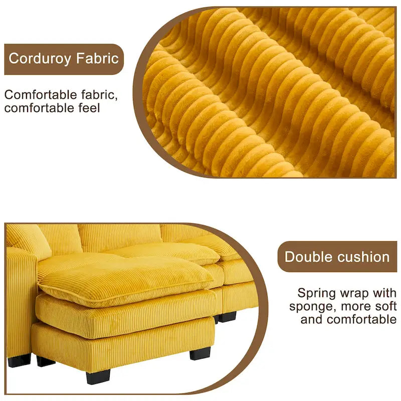 Canapé d'angle de luxe en velours côtelé jaune 118,1 po en forme de U avec 6 places, pouf et 3 coussins décoratifs