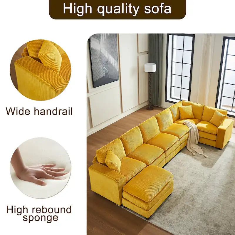 Canapé d'angle de luxe en velours côtelé jaune 118,1 po en forme de U avec 6 places, pouf et 3 coussins décoratifs