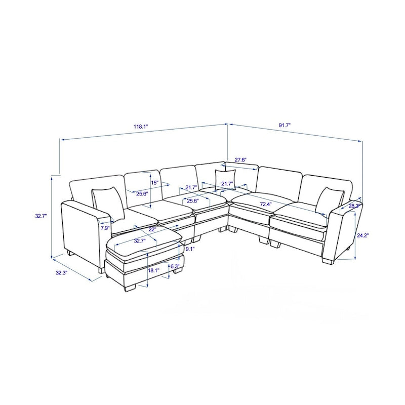 Canapé d'angle de luxe en velours côtelé jaune 118,1 po en forme de U avec 6 places, pouf et 3 coussins décoratifs