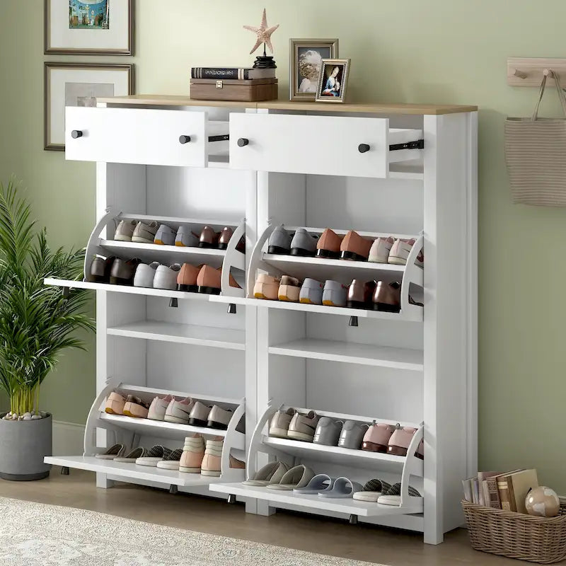 Meuble à chaussures fin avec 4 tiroirs basculants et plateau en grain de bois