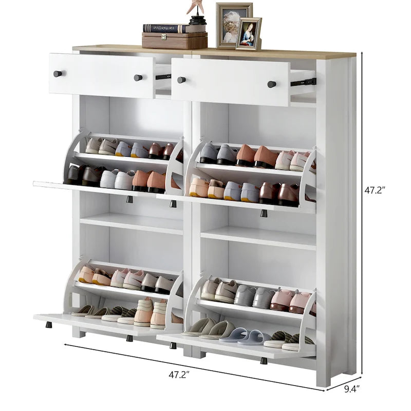 Meuble à chaussures fin avec 4 tiroirs basculants et plateau en grain de bois