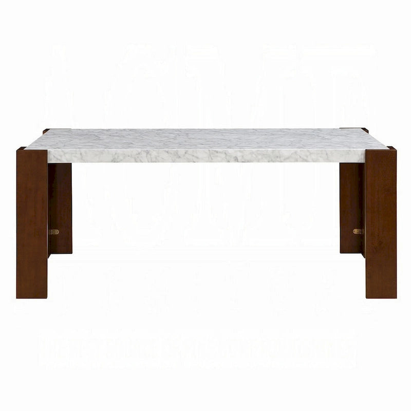 Table à manger rectangulaire 72", plateau imitation marbre avec pieds en bois marron