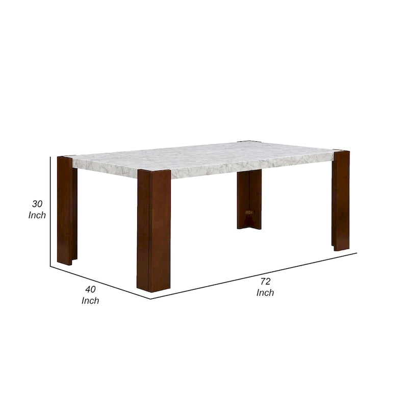 Table à manger rectangulaire 72", plateau imitation marbre avec pieds en bois marron