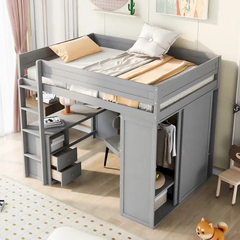 Lit mezzanine double en bois avec armoires et bureau 2 tiroirs avec armoire de rangement