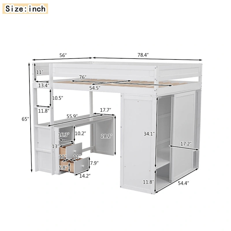 Lit mezzanine double en bois avec armoires et bureau 2 tiroirs avec armoire de rangement