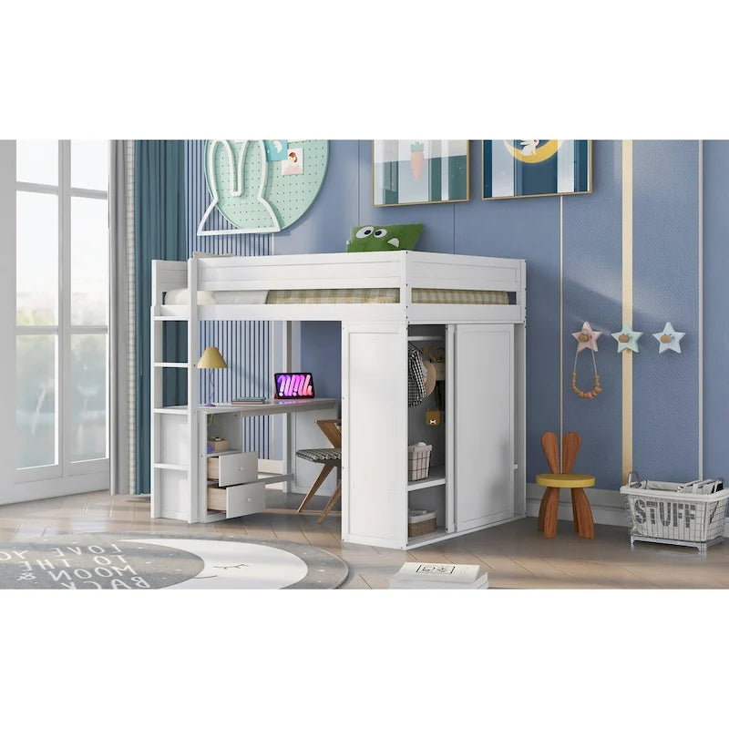 Lit mezzanine double en bois avec armoires et bureau 2 tiroirs avec armoire de rangement