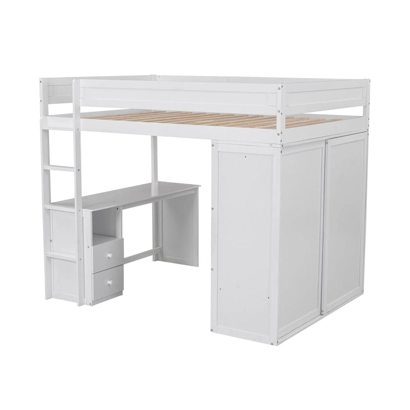 Lit mezzanine double en bois avec armoires et bureau 2 tiroirs avec armoire de rangement
