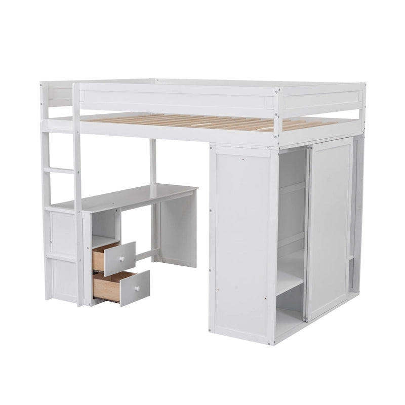 Lit mezzanine double en bois avec armoires et bureau 2 tiroirs avec armoire de rangement