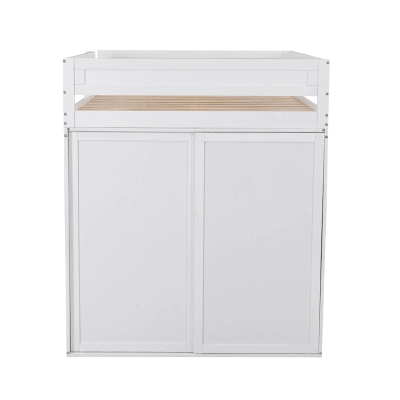 Lit mezzanine double en bois avec armoires et bureau 2 tiroirs avec armoire de rangement