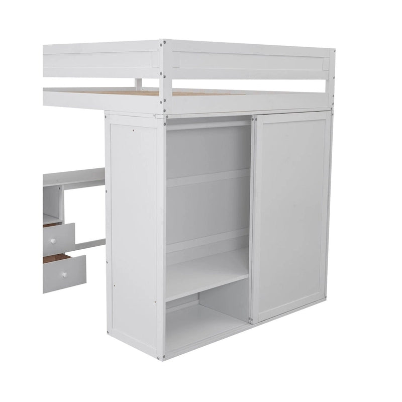 Lit mezzanine double en bois avec armoires et bureau 2 tiroirs avec armoire de rangement