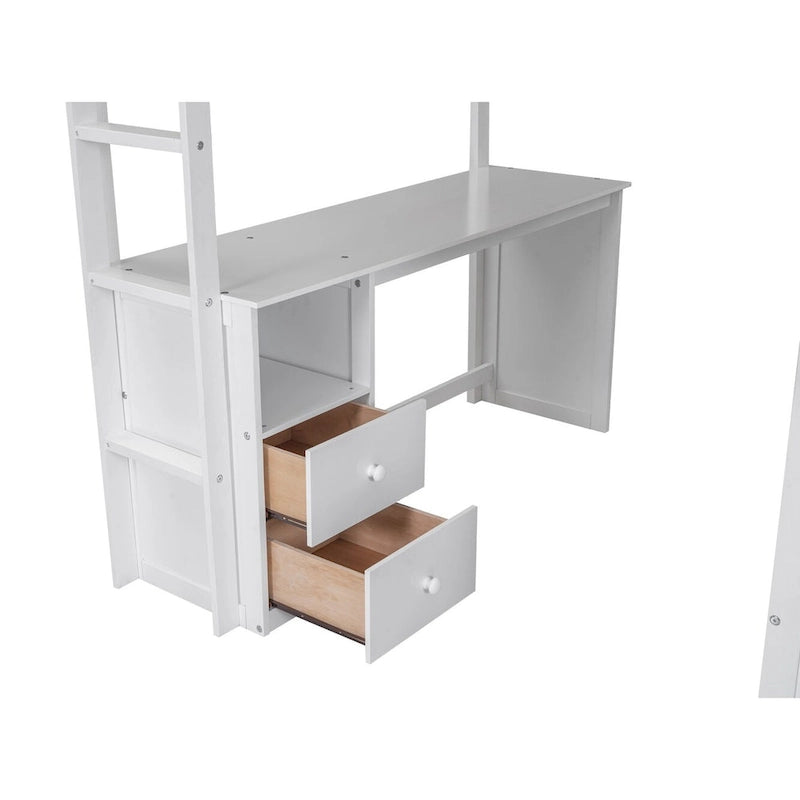 Lit mezzanine double en bois avec armoires et bureau 2 tiroirs avec armoire de rangement