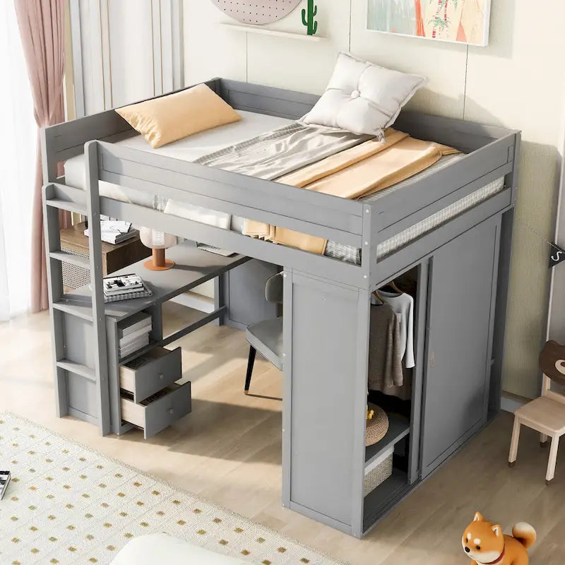 Lit mezzanine double en bois avec armoires et bureau 2 tiroirs avec armoire de rangement