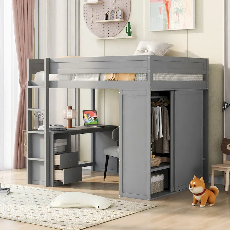 Lit mezzanine double en bois avec armoires et bureau 2 tiroirs avec armoire de rangement
