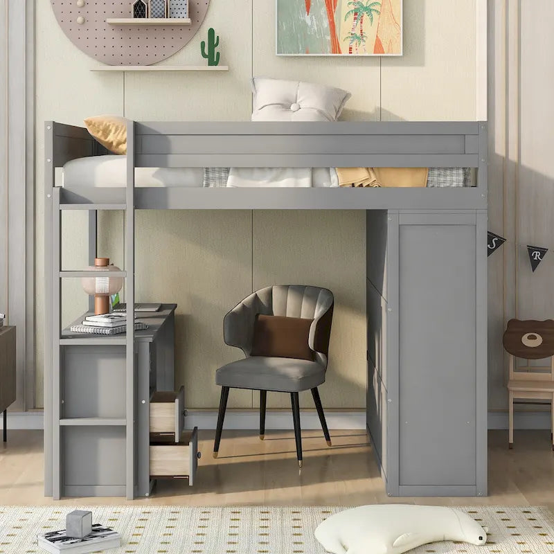 Lit mezzanine double en bois avec armoires et bureau 2 tiroirs avec armoire de rangement