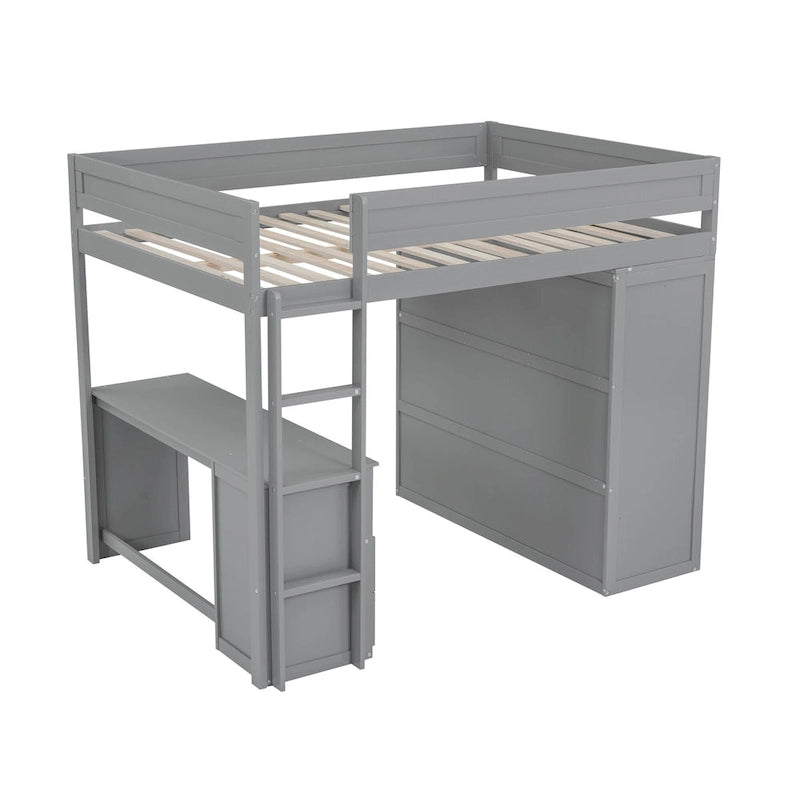 Lit mezzanine double en bois avec armoires et bureau 2 tiroirs avec armoire de rangement