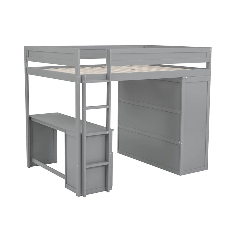 Lit mezzanine double en bois avec armoires et bureau 2 tiroirs avec armoire de rangement