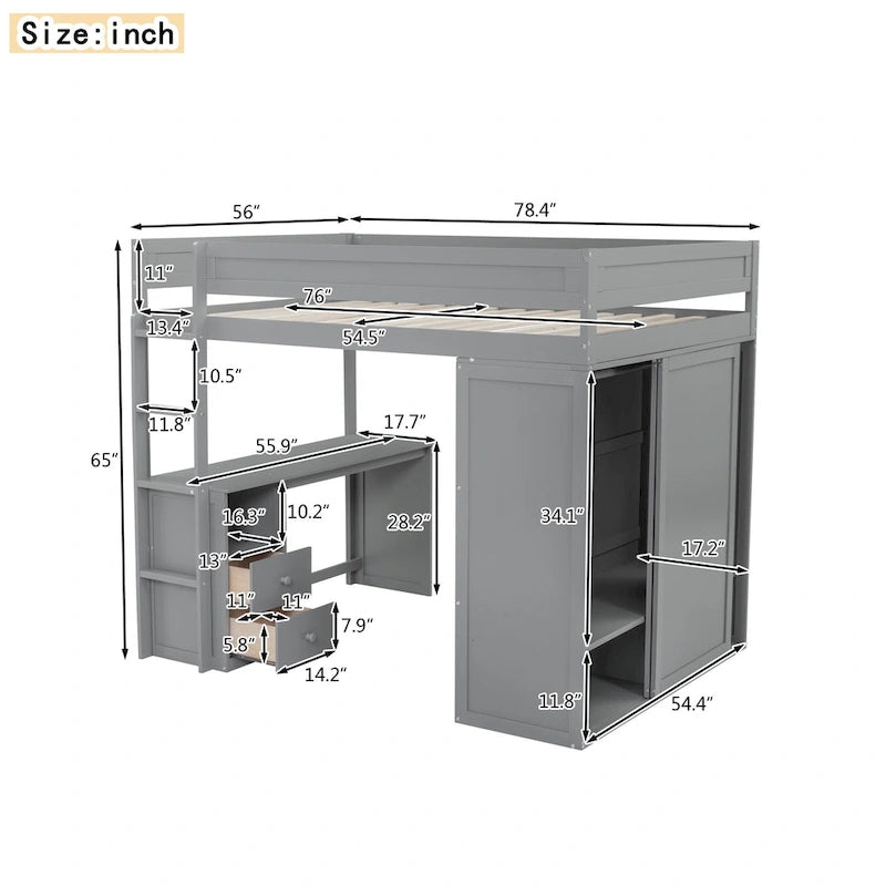 Lit mezzanine double en bois avec armoires et bureau 2 tiroirs avec armoire de rangement