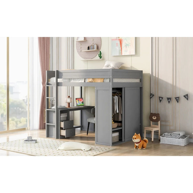 Lit mezzanine double en bois avec armoires et bureau 2 tiroirs avec armoire de rangement