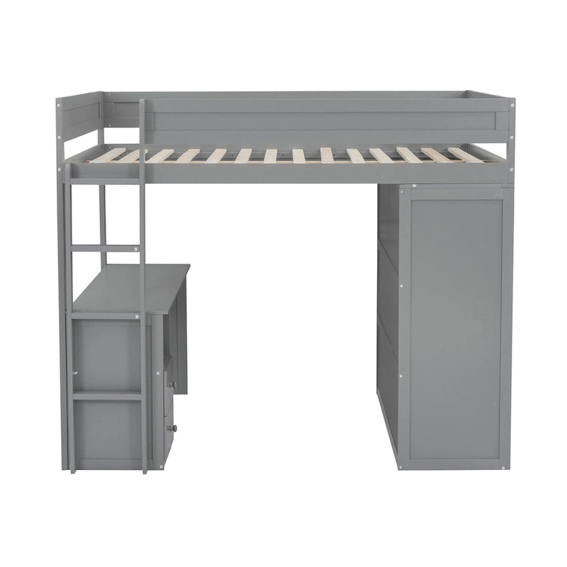 Lit mezzanine double en bois avec armoires et bureau 2 tiroirs avec armoire de rangement