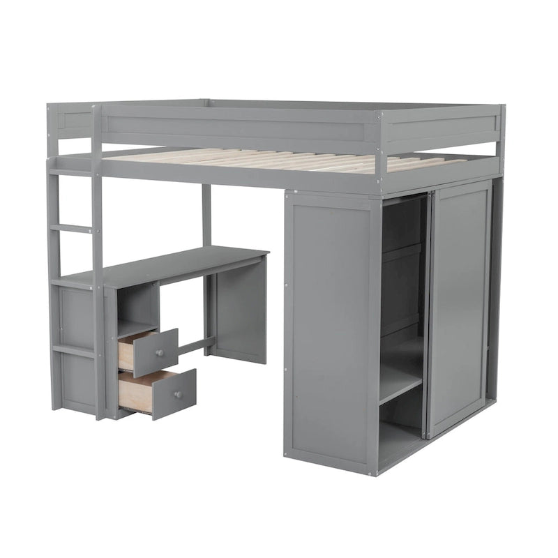 Lit mezzanine double en bois avec armoires et bureau 2 tiroirs avec armoire de rangement