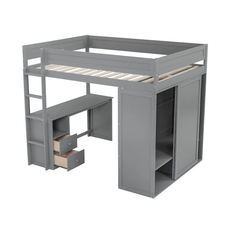 Lit mezzanine double en bois avec armoires et bureau 2 tiroirs avec armoire de rangement