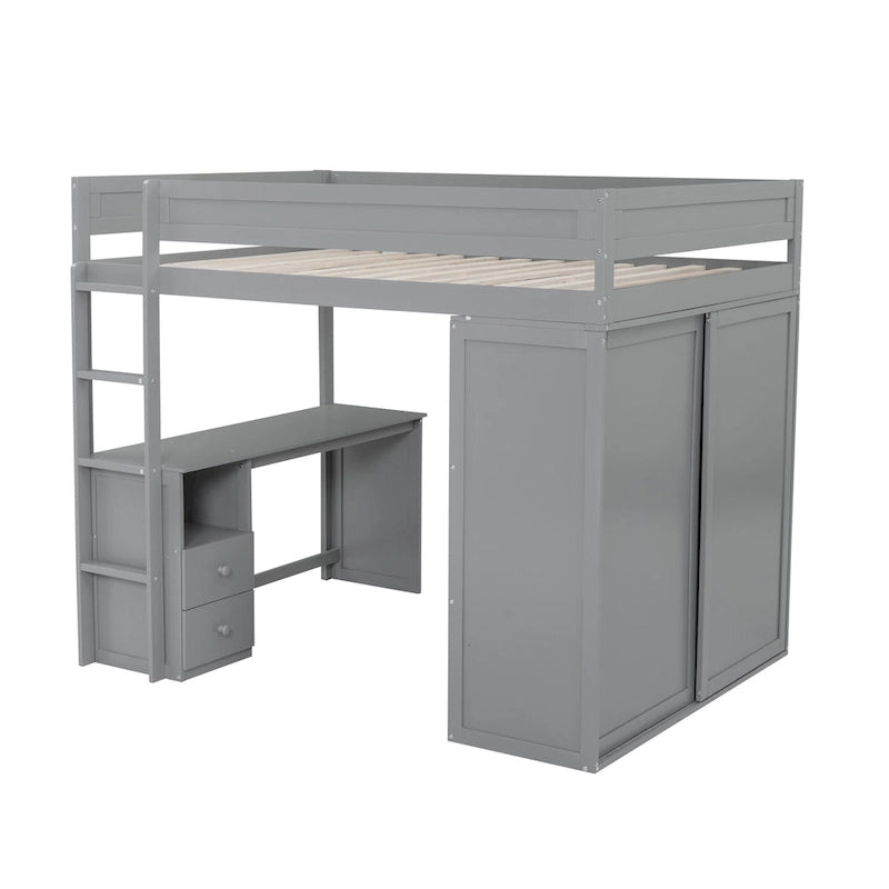 Lit mezzanine double en bois avec armoires et bureau 2 tiroirs avec armoire de rangement