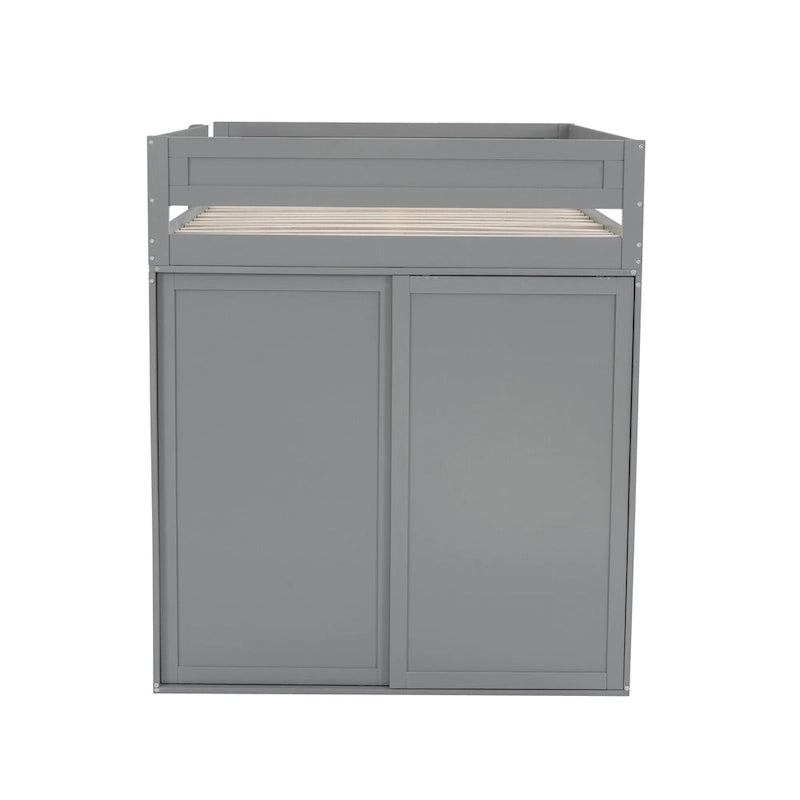 Lit mezzanine double en bois avec armoires et bureau 2 tiroirs avec armoire de rangement