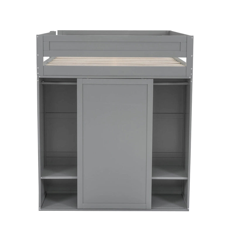 Lit mezzanine double en bois avec armoires et bureau 2 tiroirs avec armoire de rangement