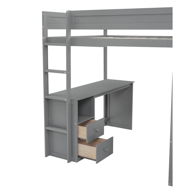 Lit mezzanine double en bois avec armoires et bureau 2 tiroirs avec armoire de rangement