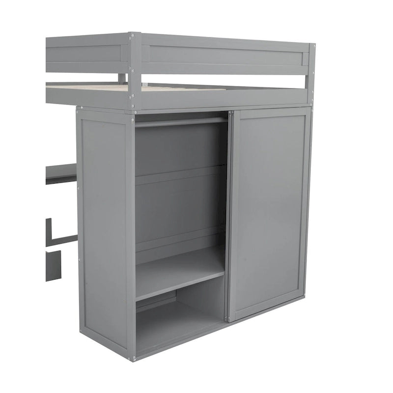 Lit mezzanine double en bois avec armoires et bureau 2 tiroirs avec armoire de rangement