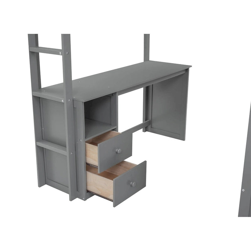 Lit mezzanine double en bois avec armoires et bureau 2 tiroirs avec armoire de rangement