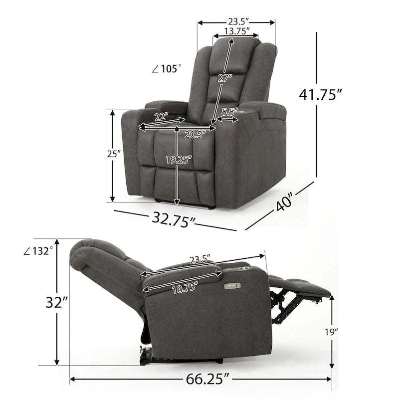 Fauteuil inclinable électrique standard de 84 cm de large avec rangement dans les accoudoirs et port USB, couleur ardoise