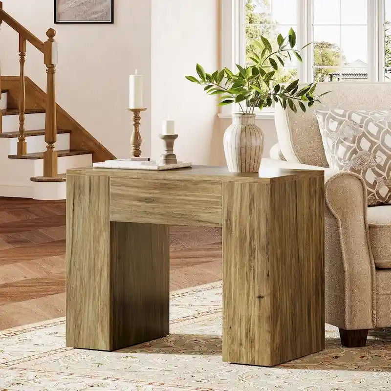 Table d'appoint de canapé de 80 cm, table d'appoint de canapé moderne du milieu du siècle avec piédestal en bois
