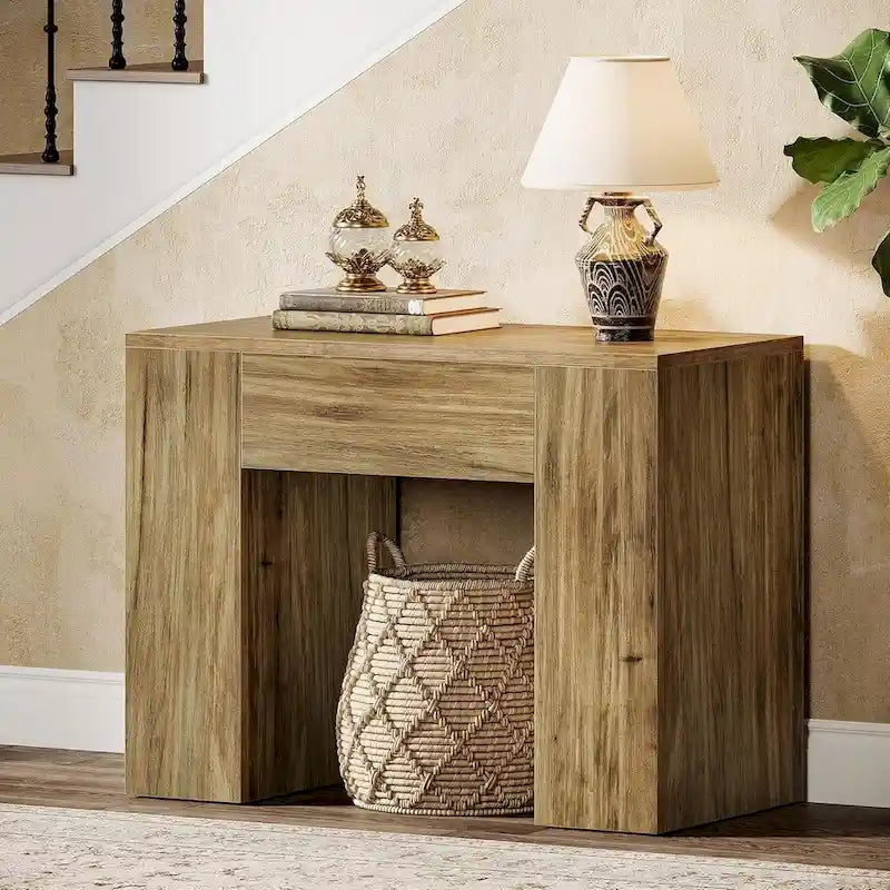 Table d'appoint de canapé de 80 cm, table d'appoint de canapé moderne du milieu du siècle avec piédestal en bois