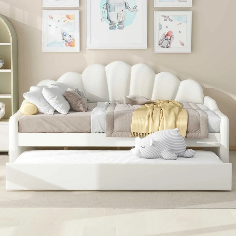 Full Size Daybed Upholstery Frame Sofa Bed with Shell-shape Backrest & Pull-out Trundle, Velvet Sleeper Sofa Bed for Living Room
