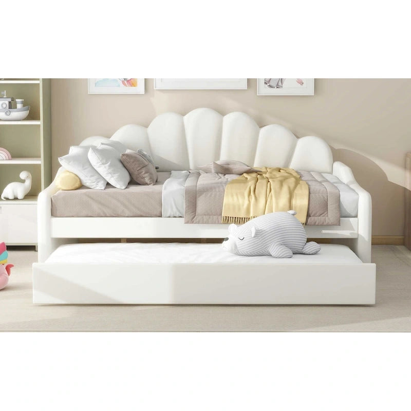 Lit de repos pleine grandeur avec cadre rembourré, canapé-lit avec dossier en forme de coquille et lit gigogne coulissant, canapé-lit en velours pour salon.