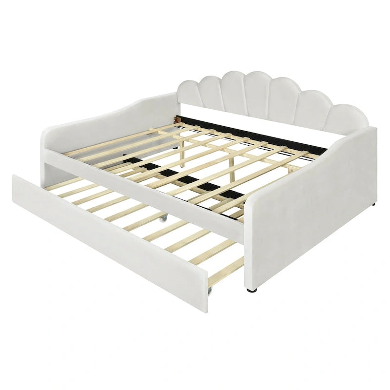 Lit de repos pleine grandeur avec cadre rembourré, canapé-lit avec dossier en forme de coquille et lit gigogne coulissant, canapé-lit en velours pour salon.