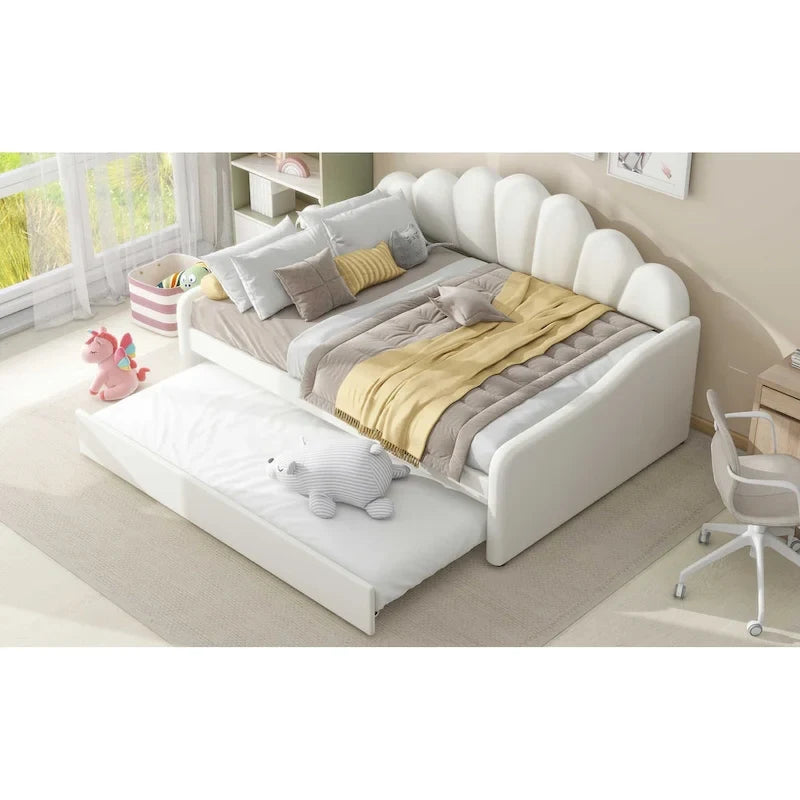 Lit de repos pleine grandeur avec cadre rembourré, canapé-lit avec dossier en forme de coquille et lit gigogne coulissant, canapé-lit en velours pour salon.