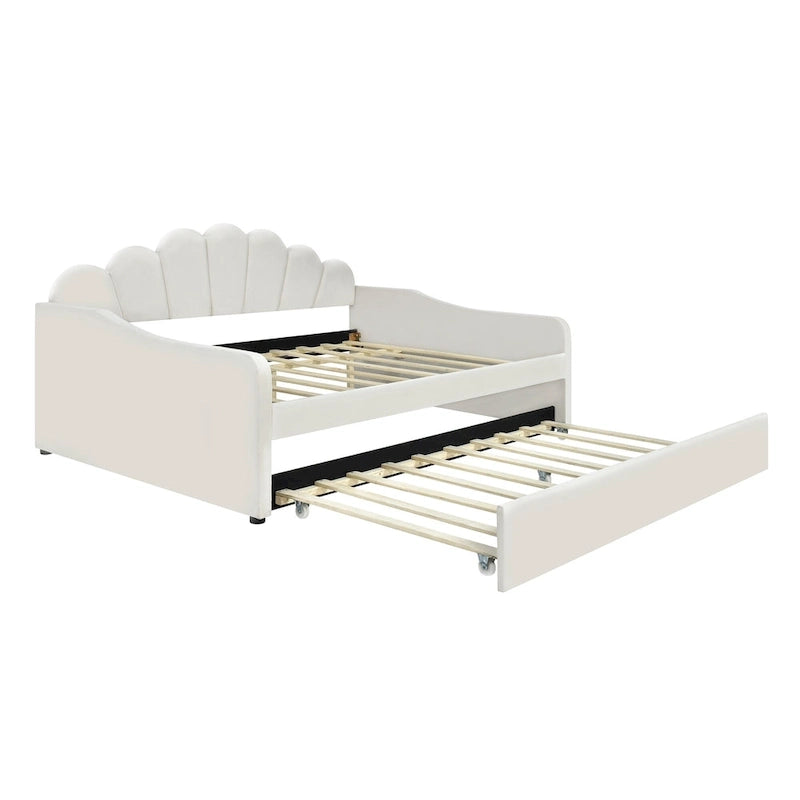 Lit de repos pleine grandeur avec cadre rembourré, canapé-lit avec dossier en forme de coquille et lit gigogne coulissant, canapé-lit en velours pour salon.